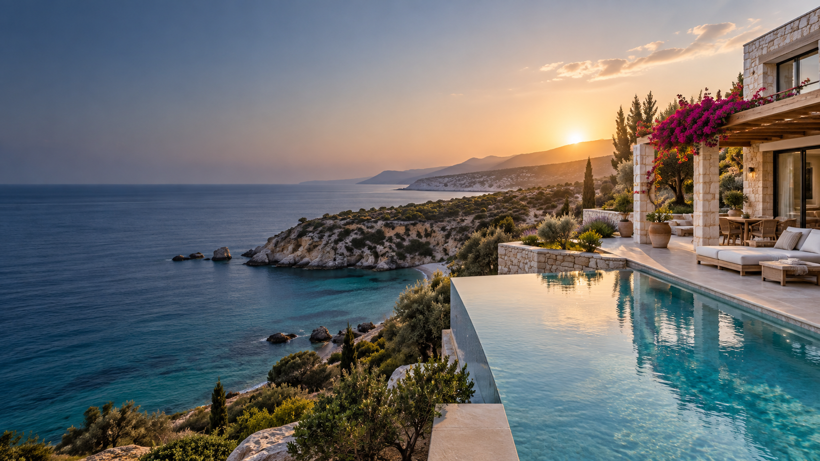 A stone villa and infinity pool overlooking the Cyprus coast at sunset